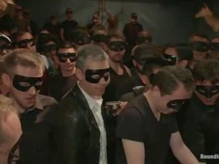 Captured жеребець є отримує зневажена в a бар повний з гаряча для trot в масці люди